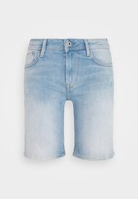 Ljusblå denimshorts med en urtvättad finish. Standard femfickorsdesign, metallknapp stängning och uppvikta fållar. Mjuk textur.