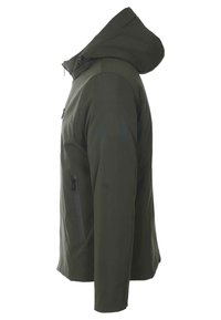 Vista laterale di giacca con cappuccio verde scuro, tasca laterale con cerniera e coulisse regolabili sul cappuccio.