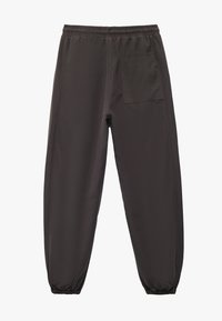 Dunkelgraue, leichte Hose mit elastischem Bund, schmal zulaufenden Beinabschlüssen und einer hinteren aufgesetzten Tasche zur Aufbewahrung, aus glattem Stoff gefertigt.