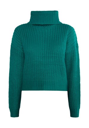 Teal strikket sweater med høj turtleneck, cropped design, lange ærmer og tekstureret stof med et ribbet mønster.