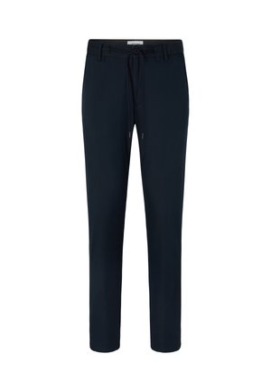 Navyblauwe broek met een koord in de taille, toelopende pijpen en een gladde stof. Kenmerken zijn subtiele stikdetails en een standaard tailleband.