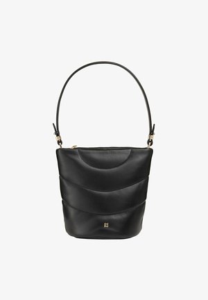 Black leather bucket bag with a curved, wave-like texture and a single adjustable strap. Features a gold-tone zipper and logo accent.