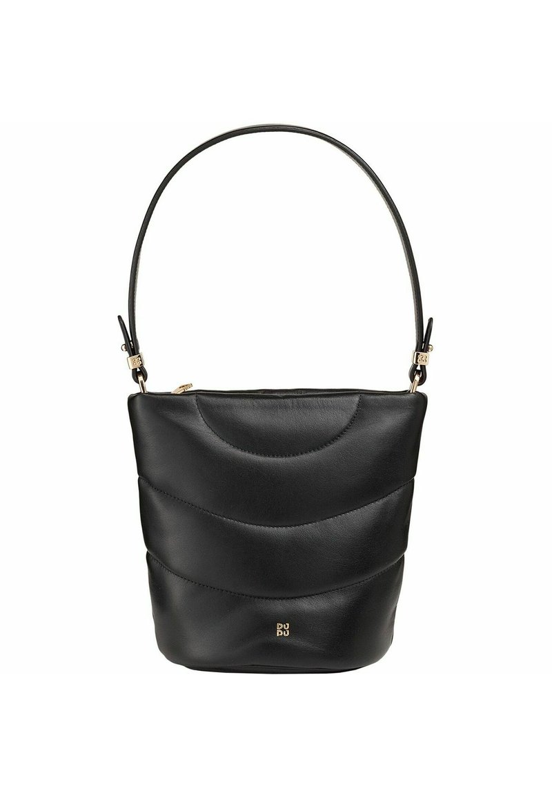 Borsa a secchiello nera in pelle con texture curva e ondulata e una sola tracolla regolabile. Presenta una zip di colore oro e un accento con logo.