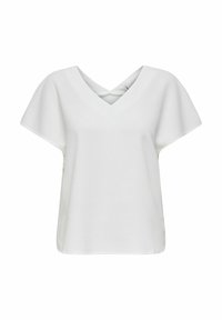 Haut blanc avec des manches courtes et larges et un décolleté en V. Elle présente un tissu texturé et des détails croisés au dos.