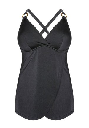 Costume intero nero con parte frontale a incrocio, coppe imbottite e spalline regolabili incrociate con anelli color oro.