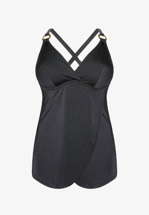 Bañador negro de una pieza con parte delantera tipo cruzado, copas acolchadas y tirantes ajustables cruzados con anillos en tono dorado.