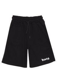 Shorts neri realizzati in morbido tessuto, con cintura elastica e cordino, tasche laterali e testo stampato bianco sull'orlo.