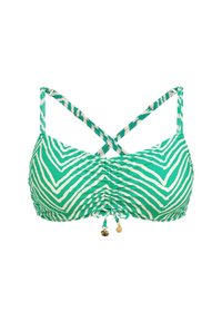 Groen-wit gestreepte bikini-top met een gerimpeld ontwerp, kruislings rugbanden en goudkleurige accentdetails bij de strik.