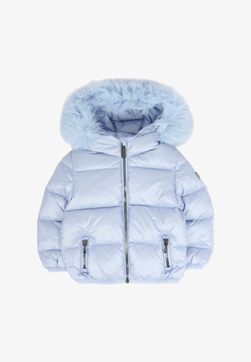 Giacca puffer blu chiaro con cappuccio e bordo in pelliccia sintetica. Design trapuntato, chiusura anteriore con zip e due tasche laterali con zip.