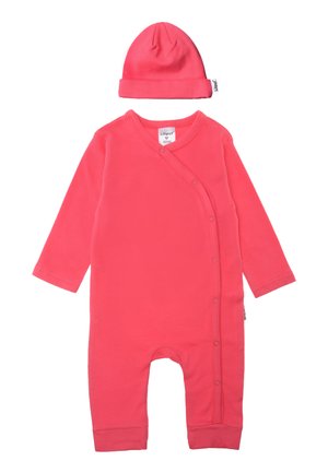 Coral pink baby onesie with long sleeves, snap buttons on the front, and matching beanie hat with a folded cuff. Soft cotton material.