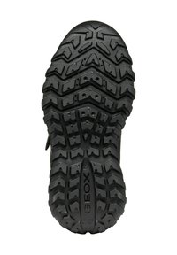 Suela de zapato de goma negra con un patrón de surcos profundo, ranuras y múltiples características de tracción; marcada con "GEOX" y un distintivo de patente italiana.