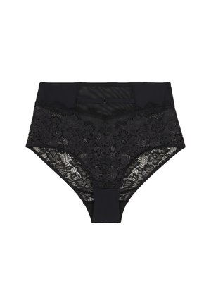 Culotte noire taille haute avec des détails en dentelle sur les côtés, un tissu lisse à l'avant et un bouton décoratif au centre.