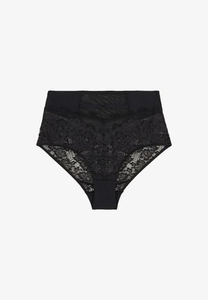Culotte noire taille haute avec des détails en dentelle sur les côtés, un tissu lisse à l'avant et un bouton décoratif au centre.