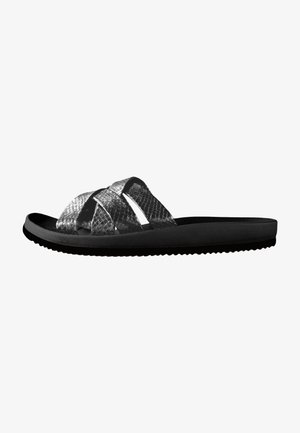 Black slip-on sandals with a textured silver snake-print strap design and a textured black rubber sole.