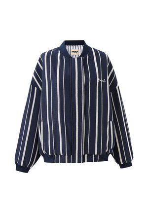 Navy blue bomber jacket with white vertical stripes, ribbed collar and cuffs, front pockets, and small embroidered logo on chest.