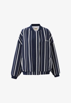 Navy blue bomber jacket with white vertical stripes, ribbed collar and cuffs, front pockets, and small embroidered logo on chest.
