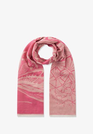 Écharpe rose avec des motifs floraux et abstraits complexes rose clair, tissu à texture douce et bords à franges courtes.