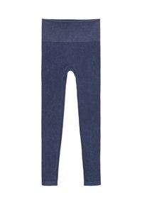 Leggings de color azul marino con una cinturilla alta, fabricados en un tejido texturizado con acanalado vertical. Presentan un diseño ajustado y un corte hasta el tobillo.