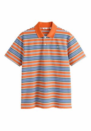 Koszulka polo z krótkim rękawem w poziome paski w kolorach pomarańczowym, białym, granatowym i zielonym, pomarańczowy kołnierzyk i dwa białe guziki.