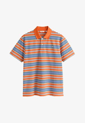 Koszulka polo z krótkim rękawem w poziome paski w kolorach pomarańczowym, białym, granatowym i zielonym, pomarańczowy kołnierzyk i dwa białe guziki.
