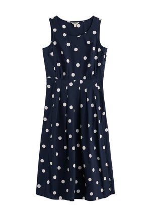 Mouwloze midi-jurk in marineblauw met witte stippen, getailleerde taille, ronde halslijn en geplooide rok.