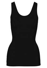 Top senza maniche nero realizzato in tessuto morbido, caratterizzato da uno scollo rotondo, spalline larghe e una silhouette aderente con costruzione senza cuciture.