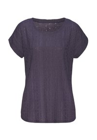 Dunkelviolettes, kurzärmeliges Oberteil mit einem Bootsausschnitt, das ein strukturiertes Muster aus Linien und kleinen Öffnungen im gesamten Stoff aufweist.