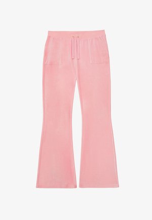 Roze, uitlopende loungebroeken van zacht velours. Voorzien van twee voorzakken en een taille met een trekkoord met gouden accenten. Soepele textuur door het hele kledingstuk.