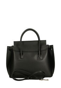 Borsa a mano in pelle nera con un design strutturato, manici arrotondati e tracolla removibile. Presenta una texture liscia e dettagli minimi.