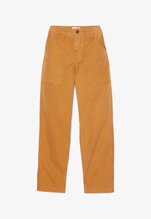 Pantaloni larghi color sabbia realizzati in un robusto tessuto di cotone. Presentano due ampie tasche frontali e una chiusura con un singolo bottone in vita.