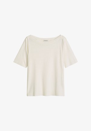 Schlichtes weißes T-Shirt mit kurzen Ärmeln und weitem Rundhalsausschnitt, auf weißem Hintergrund dargestellt.