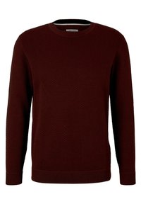 Bordowy sweter z dzianiny z fakturą w kształcie plastra miodu, o okrągłym dekolcie oraz ściągaczach na mankietach i dole. Wykonany z bawełny organicznej.