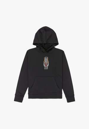 Čierna mikina s kapucňou a predným vreckom, s plameňovým dizajnom v oranžovej, žltej a červenej farbe nad logom značky. Zmes bavlny.