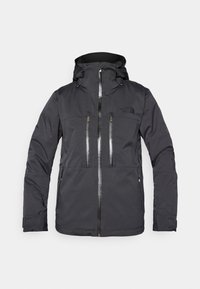 Giacca outdoor nera con colletto alto, cappuccio regolabile, due tasche sul petto con zip e design snello con polsini elasticizzati.