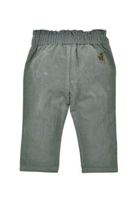 Corduroy pants in a muted green color, featuring an elastic waistband and a small deer embroidery detail on the side.