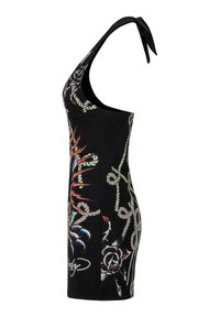 Black halter dress features bold floral and rope designs, fitted silhouette, and a tied neck detail. Ideal for summer occasions.
