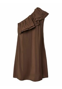 Robe marron longueur genoux avec une manche à volants décolletée et une texture de tissu lisse, présentée sur un fond blanc.