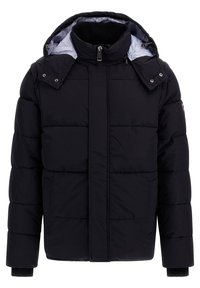 Sort dunjakke med lynlåslukning foran, aftagelig hætte og ribbestrikkede manchetter. Har quiltet polstring og en glat inderfor.