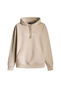 Sudadera beige hecha de una mezcla de algodón, con un bolsillo tipo canguro, puños acanalados y un logo blanco de "RED BULL RACING" en el frente.