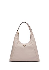 Borsa hobo in pelle beige con texture liscia, parte superiore arrotondata e una tracolla nera a contrasto. Presenta un accentuato logo in tono dorato.