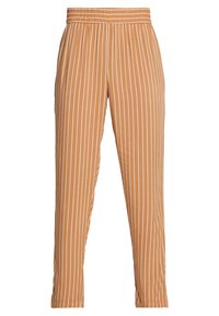 Světle hnědé pruhované kalhoty s bílými vertikálními pruhy, vybavené elastickým pasem a zúženým střihem nohavic. Hladká textura.