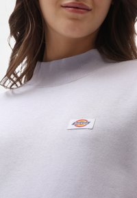 Ljust grå sweatshirt med hög hals, med en liten, färgglad "Dickies" logotyppatch på bröstet. Slät textur, avslappnad design.