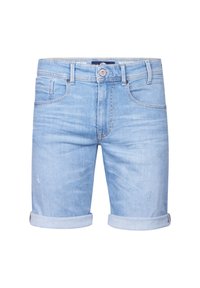 Shorts in denim chiaro con risvolti, dotati di zip, chiusura con bottone, cinque tasche e dettagli di sfumature sottili.