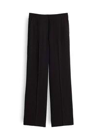 Pantalons larges noirs avec une texture lisse, dotés d'une taille simple et de deux poches latérales. Le design met l'accent sur une coupe décontractée.
