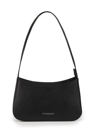 Bolso de hombro rectangular negro con una sola correa, textura lisa y pequeño logotipo "VIVISENCE" centrado cerca de la parte inferior.