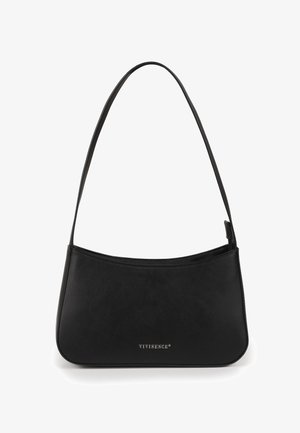 Bolso de hombro rectangular negro con una sola correa, textura lisa y pequeño logotipo "VIVISENCE" centrado cerca de la parte inferior.