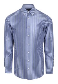 Blauw-wit gestreepte blouse met lange mouwen en een klassieke kraag, voorzien van een borstzak en manchet mouwen. Katoenen stof, gladde textuur.