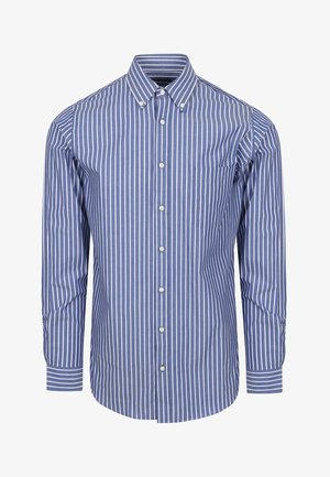 Blauw-wit gestreepte blouse met lange mouwen en een klassieke kraag, voorzien van een borstzak en manchet mouwen. Katoenen stof, gladde textuur.