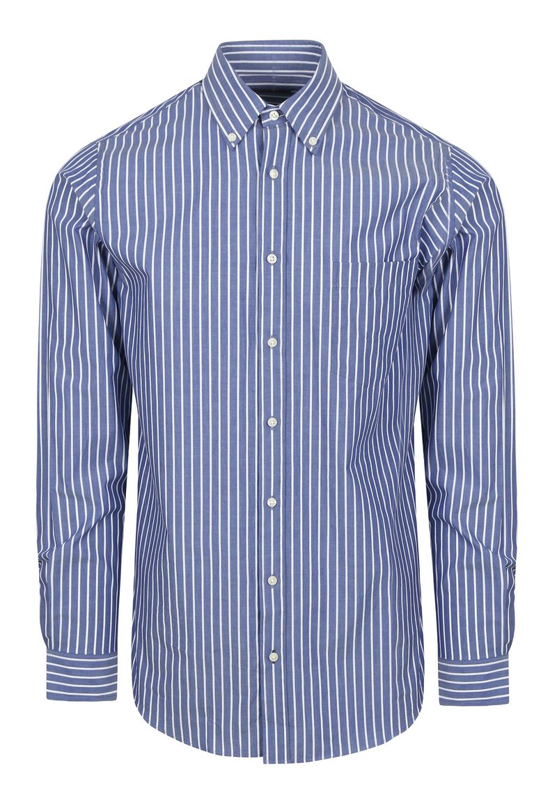 Blauw-wit gestreepte blouse met lange mouwen en een klassieke kraag, voorzien van een borstzak en manchet mouwen. Katoenen stof, gladde textuur.