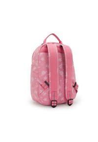 Mochila rosa con correas de hombro acolchadas ajustables y patrones de estrellas y conchas blancas, mostrada desde la parte posterior sobre un fondo blanco.